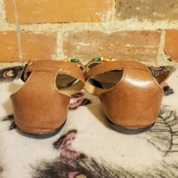 VINTAGE LEATHER WOVEN SANDALS BROWN HIPPIE PREPPY FESTIVAL 90S HIPSTER BEADED - Picture 8 of 10